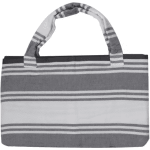 A grey and white striped foldable beach towel bag with two handles and a simple logo.