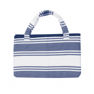 A foldable beach towel bag in blue and white stripes, featuring sturdy handles and a spacious design.