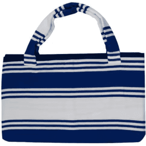 A foldable beach towel bag in navy blue and white stripes, featuring two handles and a branding logo.