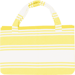 A yellow and white striped foldable beach towel bag with sturdy handles, featuring a logo.