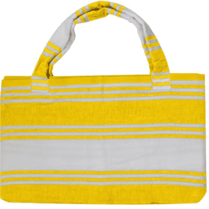 A foldable beach towel bag in yellow and white stripes, featuring sturdy handles and a simple design.