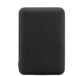 A black power bank made from recycled ABS material, featuring a logo and indicator lights on the front.