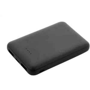 A black power bank with a sleek, matte finish, featuring multiple ports and a small logo.
