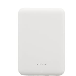 A white power bank made from recycled ABS material, featuring indicator lights and a compact design.