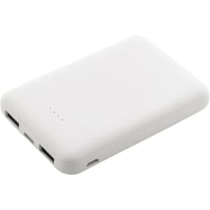 A white power bank made from recycled ABS material with two USB ports and a small logo.