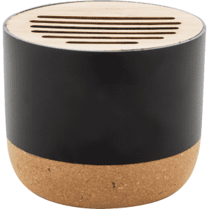 A cylindrical speaker in black with a cork base and a wooden top featuring cut-out slits.