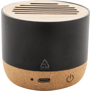 A wireless speaker with a natural wood top and a black and cork base, featuring a power button and USB-C port.