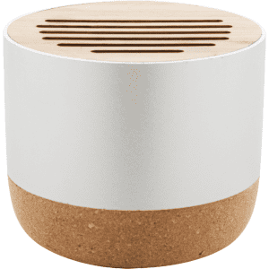 A round wireless speaker with a white top and a natural cork base, featuring slits on the top for sound.