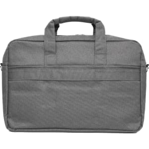 A grey essential laptop bag with two handles and a zipper closure, featuring a front pocket and a logo.