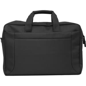 A black laptop bag with two handles, featuring a zip closure and a front pocket. It has a simple design and a logo.