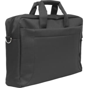 A black laptop bag with two handles, featuring a front pocket and minimalistic design. It has a logo on it.