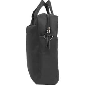 A black laptop bag with a zippered closure and a side pocket, featuring a carry handle.