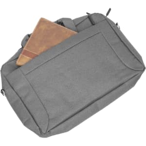 A grey laptop bag with a large front pocket containing a brown notebook. The bag has a sleek design and visible branding.