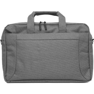 A grey essential laptop bag with dual handles and a front pocket, featuring a simple design and branding.