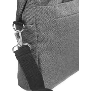 A grey laptop bag featuring a textured surface, with a silver clip and a black strap. It has a front pocket.