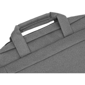 A grey essential laptop bag featuring a sturdy handle and a textured finish. It includes a logo on the surface.