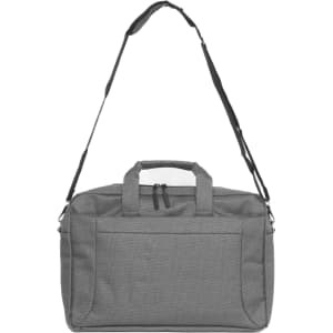 A grey essential laptop bag with adjustable shoulder strap and dual carry handles, featuring a front pocket and logo.