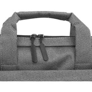 A grey laptop bag featuring a top handle and a zipper closure. It has a textured fabric and includes a logo.