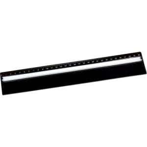 A 30cm black plastic ruler featuring a magnifying viewer, with measurement markings along one edge.