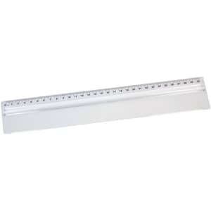 A 30cm plastic ruler in white, featuring a magnifying viewer and measurement markings along its edge.