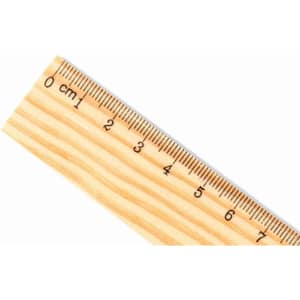 A 30cm wooden ruler with a light wood finish and printed measurement markings. It features a logo on one side.