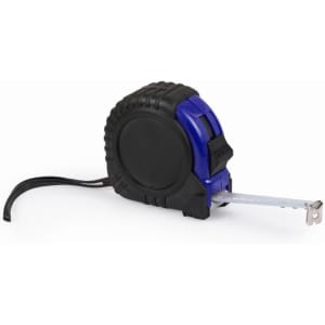 A rubber-coated blue and black flexometer measuring tape with a silver retractable tape. It has a branding logo.