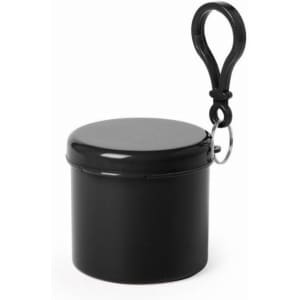 A black pouch with a lid and a carabiner clip attached for easy carrying.