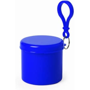 A blue pouch with a lid and a carabiner attachment. The item has a smooth, glossy finish.