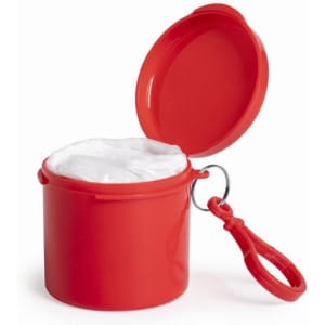 A red pouch with a lid, containing a white interior, featuring a carabiner for attaching.