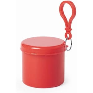 A red pouch with a lid and a carabiner clip. It features a logo on the surface.