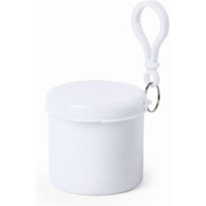 A white pouch with a lid and a carabiner, featuring a simple logo. Compact design for easy portability.