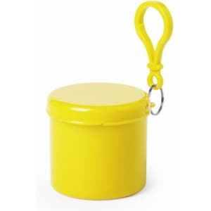 A yellow pouch with a lid and a carabiner attachment, featuring a circular design.