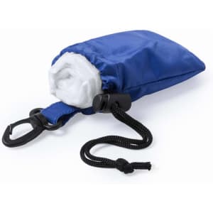 A blue poncho packed neatly in a pouch, featuring a clip and adjustable cord for easy carrying.