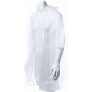 A clear, lightweight poncho displayed on a mannequin with a hood and short sleeves.