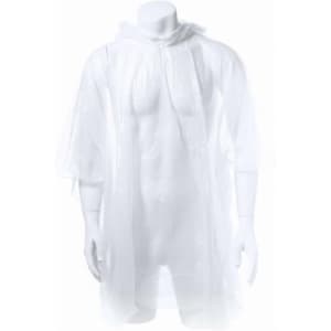 A white LDPE poncho displayed on a mannequin, featuring a hood and loose-fitting sleeves. It has a logo.