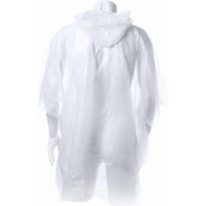 A white poncho made of LDPE material, featuring a hood and loose-fitting sleeves, displayed on a mannequin.