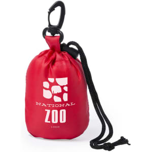 A red drawstring bag with a black clip, featuring a logo and a black cord.
