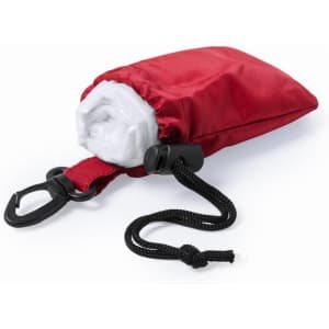 A red pouch containing a rolled-up white poncho, secured with a drawstring and clip for portability.