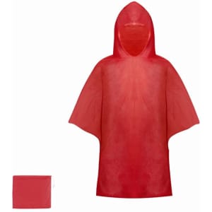 A red poncho with a hood, displayed alongside a compact pouch for storage. It features a simple, lightweight design.