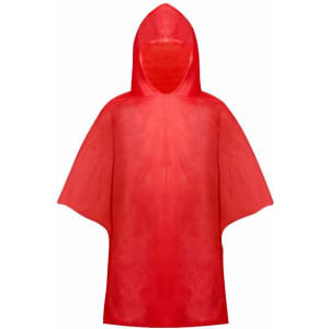 A red poncho with a hood, designed for kids, featuring a simple, lightweight design. It has a logo on it.