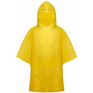 A yellow poncho with a hood, featuring a simple design. It has a logo on one side.