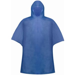 A blue Kira PVC poncho featuring a hood and a loose-fitting design. The poncho includes a branding logo.