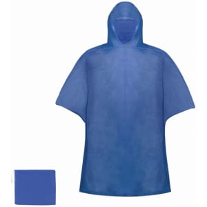 A blue PVC poncho with a hood, accompanied by a compact storage pouch.