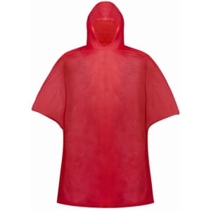 A red PVC poncho with a hood, featuring a loose fit and a simple design. It has a logo on the surface.