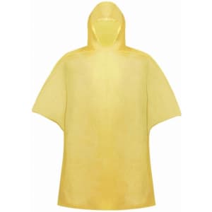 A yellow PVC poncho with a hood, featuring short sleeves and a simple design. It has a branding logo.