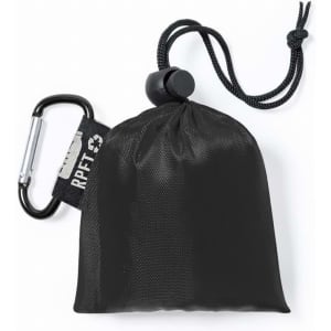 A black pouch with a drawstring and carabiner clip, made from RPET material.