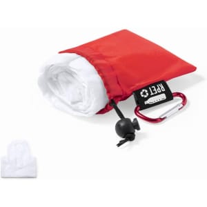 A red poncho tucked into a white pouch with a toggle and a carabiner. Includes a logo.