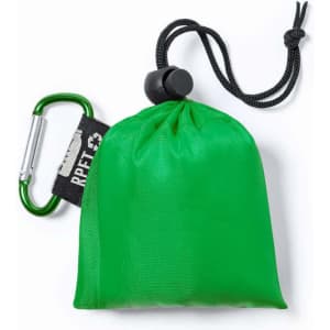 A green pouch with a drawstring and a carabiner, featuring a logo and made from RPET material.