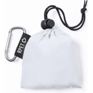A white poncho packed in a pouch with a carabiner; includes an RPET tag.