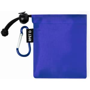 A blue pouch with a drawstring and a carabiner clip, made from RPET material. It features a branding label.